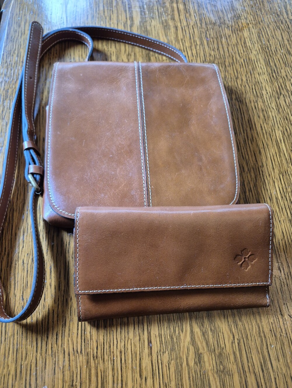 Patricia Nash Leather Crossbody Bag with Front Flap (Snaps) & Wallet Set - Brown